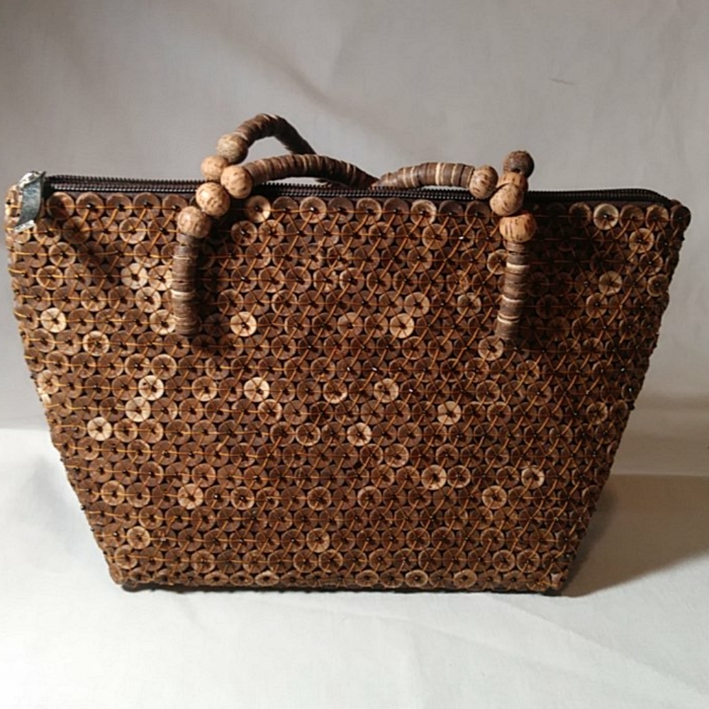 Vintage Wood Disc Pocketbook/Hand Bag Wood Handle